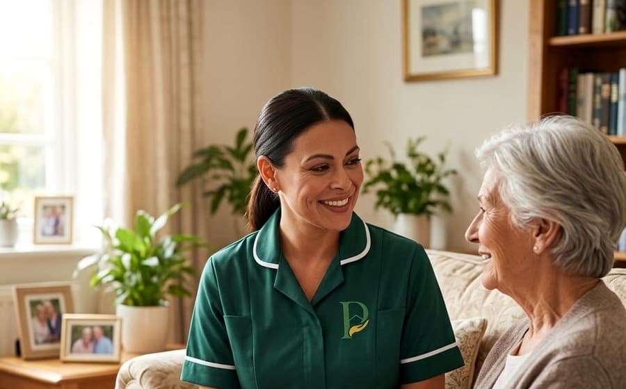 Compassionate caregiver and elderly client during in-home care visit