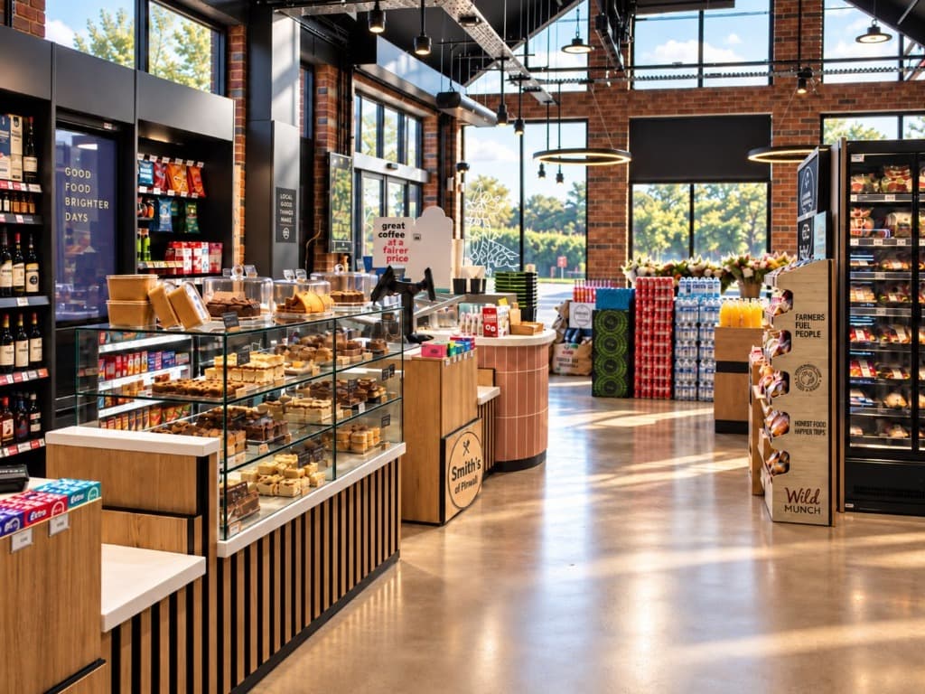 Smiths of Pinwall farm shop and cafe interior, pastry counter and artisan displays