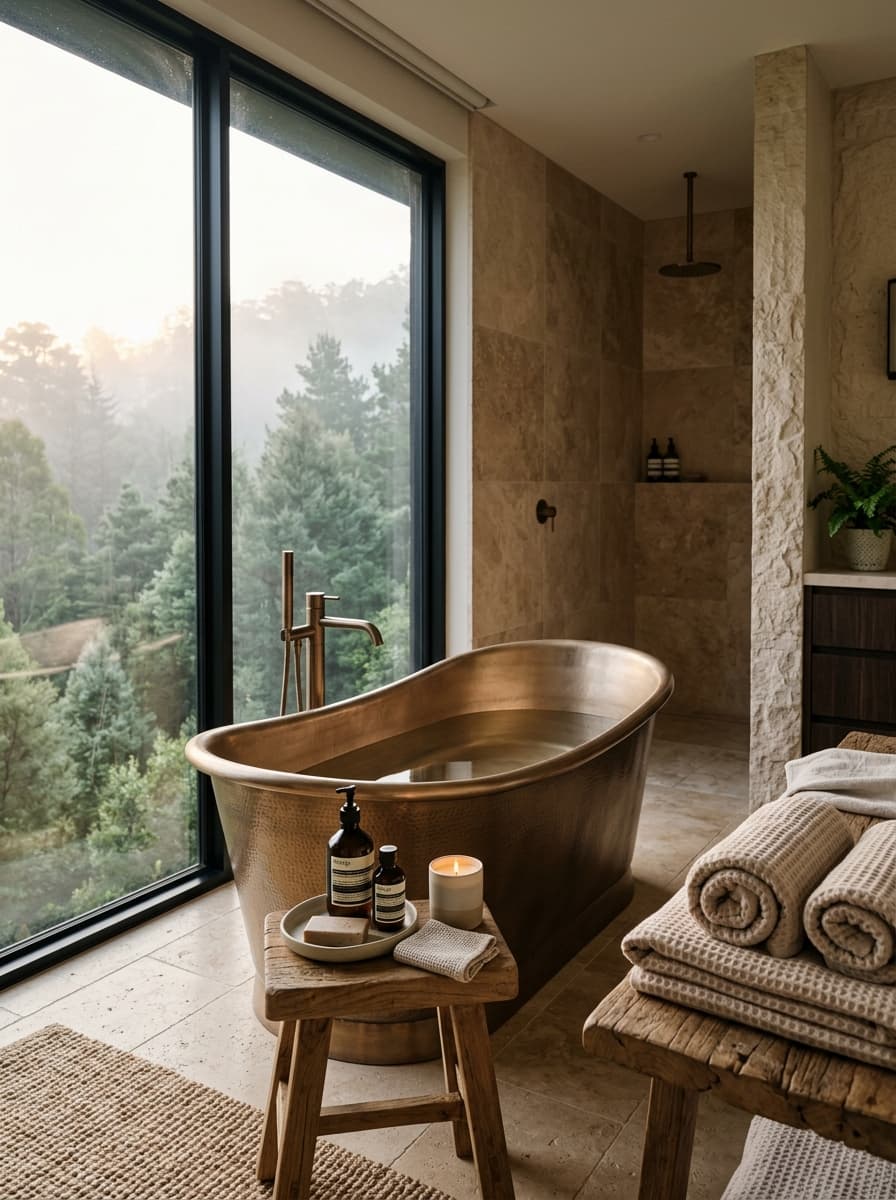 Freestanding brass bathtub overlooking misty forest